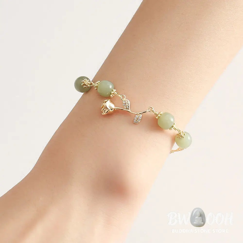 Buddha Stones 14K Gold Plated Hetian Jade Golden Rose Flower Luck Chain Bracelet - BWOOOH