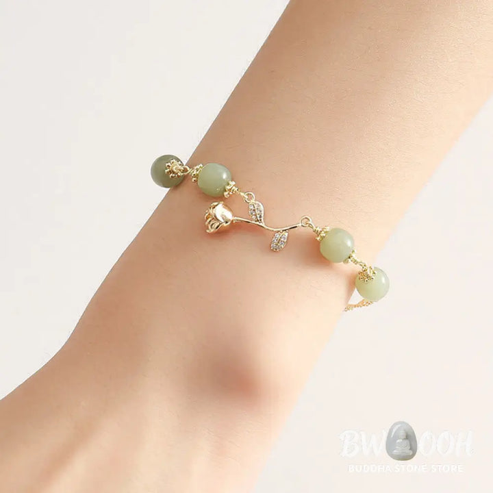 Buddha Stones 14K Gold Plated Hetian Jade Golden Rose Flower Luck Chain Bracelet - BWOOOH