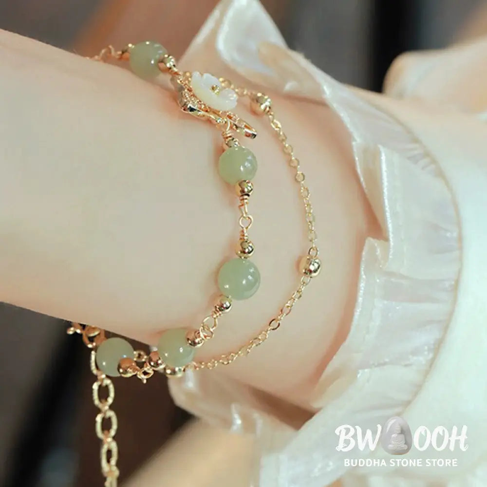 Buddha Stones 14K Gold Plated Jade Butterfly Tridacna Stone Flower Double Layer Luck Bracelet - BWOOOH - Bracelet