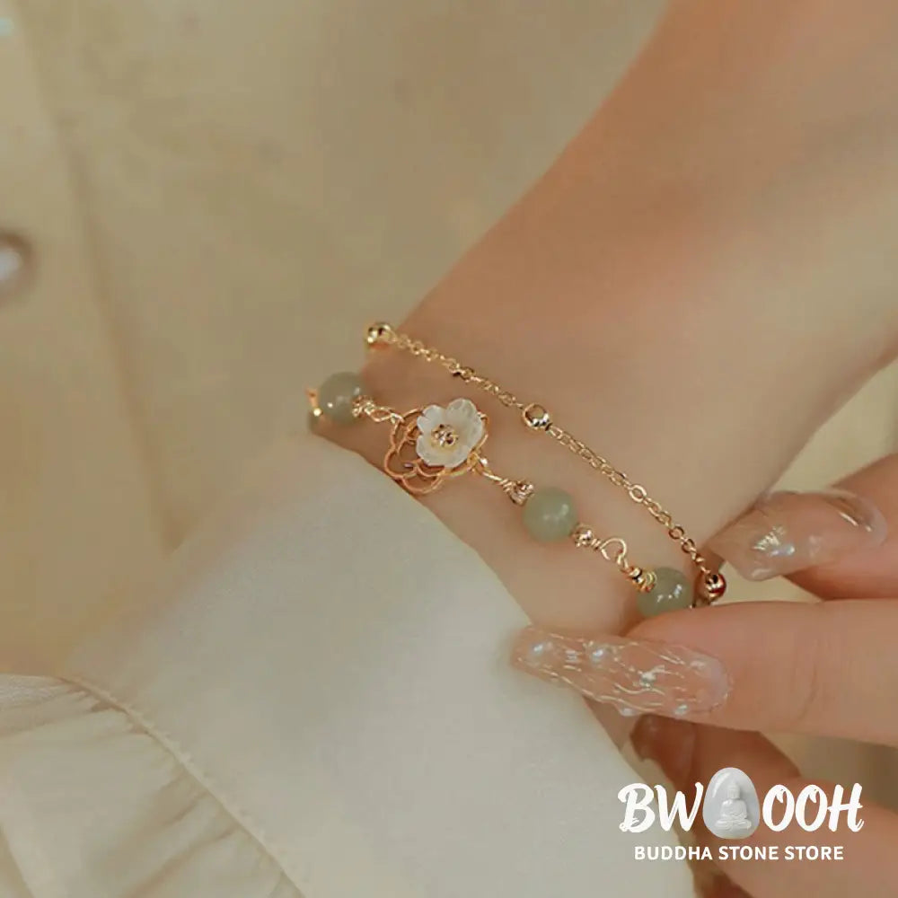 Buddha Stones 14K Gold Plated Jade Butterfly Tridacna Stone Flower Double Layer Luck Bracelet - BWOOOH - Bracelet