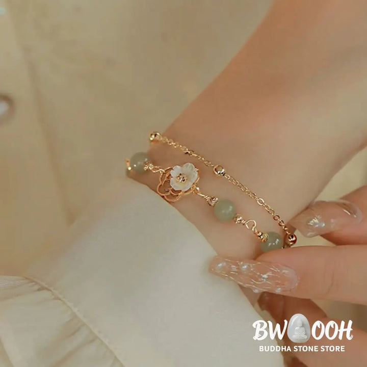Buddha Stones 14K Gold Plated Jade Butterfly Tridacna Stone Flower Double Layer Luck Bracelet - BWOOOH - Bracelet