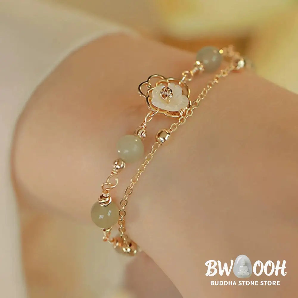 Buddha Stones 14K Gold Plated Jade Butterfly Tridacna Stone Flower Double Layer Luck Bracelet - BWOOOH - Bracelet