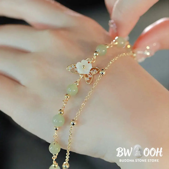 Buddha Stones 14K Gold Plated Jade Butterfly Tridacna Stone Flower Double Layer Luck Bracelet - BWOOOH - Bracelet