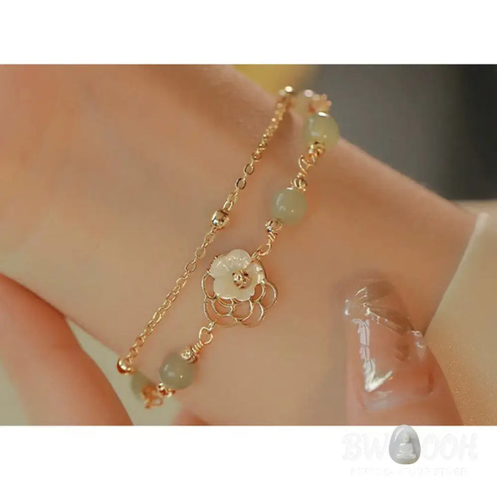 Buddha Stones 14K Gold Plated Jade Butterfly Tridacna Stone Flower Double Layer Luck Bracelet - BWOOOH - Bracelet