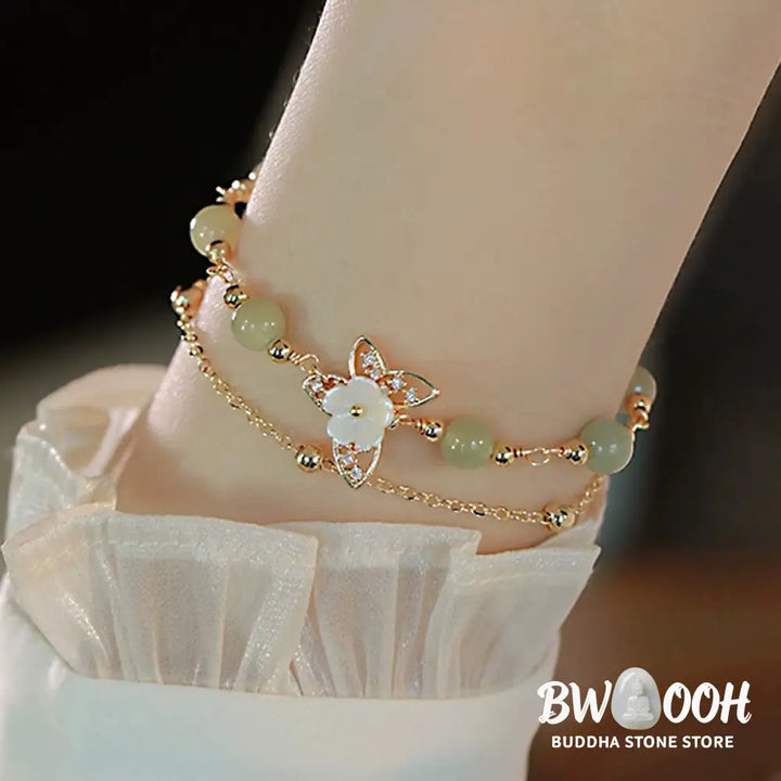Buddha Stones 14K Gold Plated Jade Butterfly Tridacna Stone Flower Double Layer Luck Bracelet - BWOOOH - Bracelet