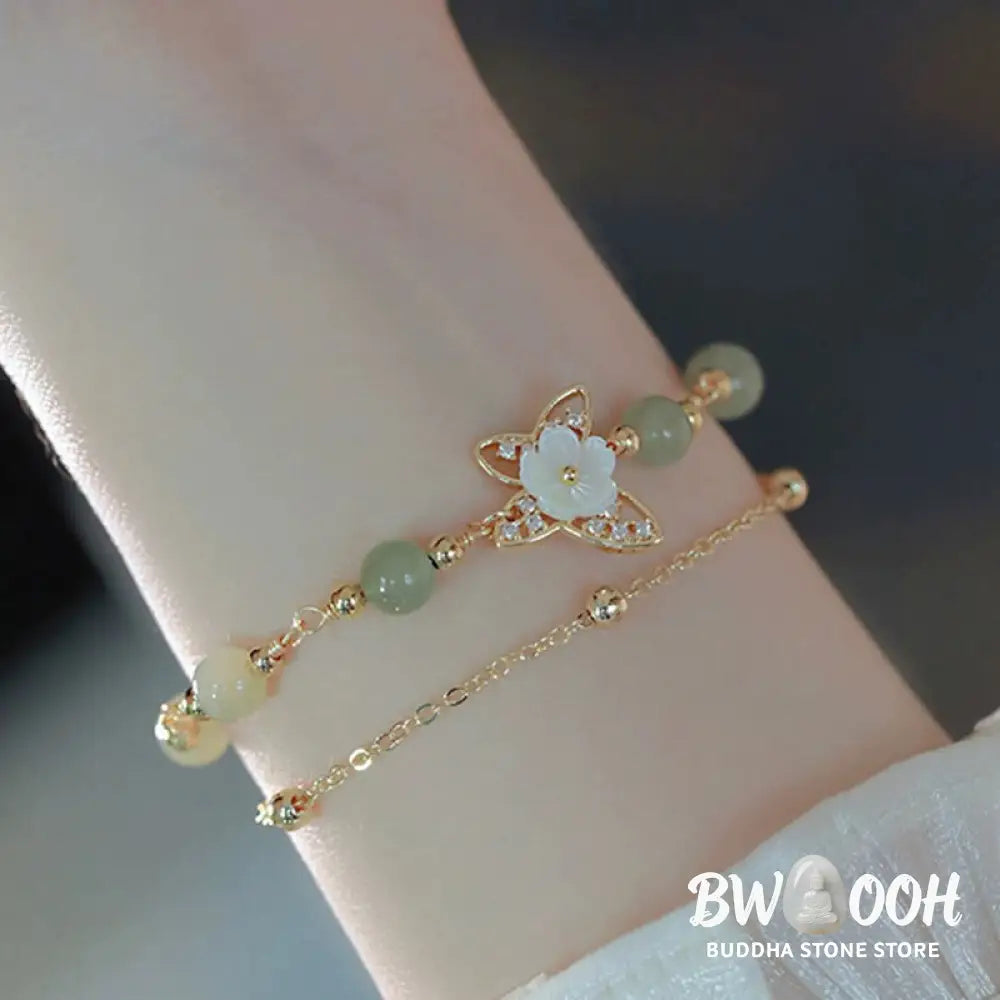 Buddha Stones 14K Gold Plated Jade Butterfly Tridacna Stone Flower Double Layer Luck Bracelet - BWOOOH - Bracelet