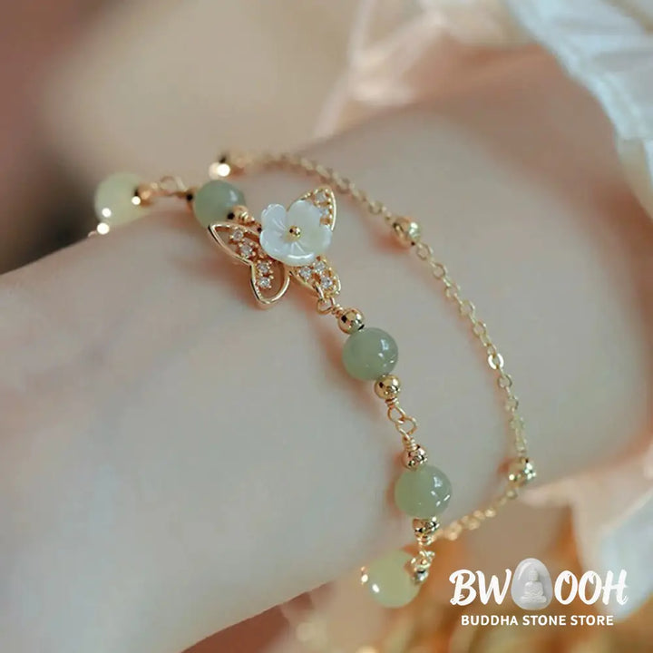Buddha Stones 14K Gold Plated Jade Butterfly Tridacna Stone Flower Double Layer Luck Bracelet - BWOOOH - Bracelet