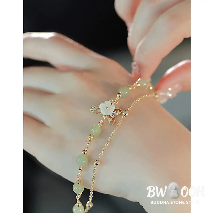 Buddha Stones 14K Gold Plated Jade Butterfly Tridacna Stone Flower Double Layer Luck Bracelet - BWOOOH - Bracelet