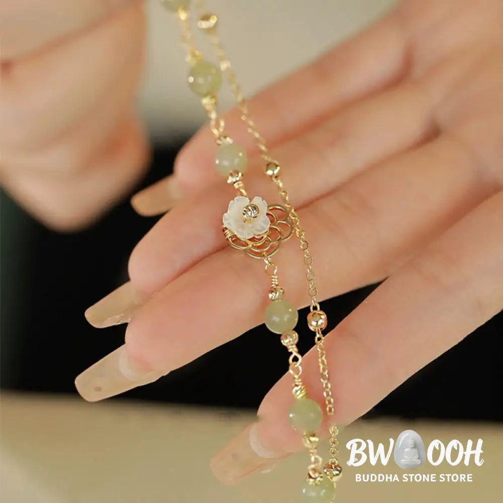 Buddha Stones 14K Gold Plated Jade Butterfly Tridacna Stone Flower Double Layer Luck Bracelet - BWOOOH - Bracelet