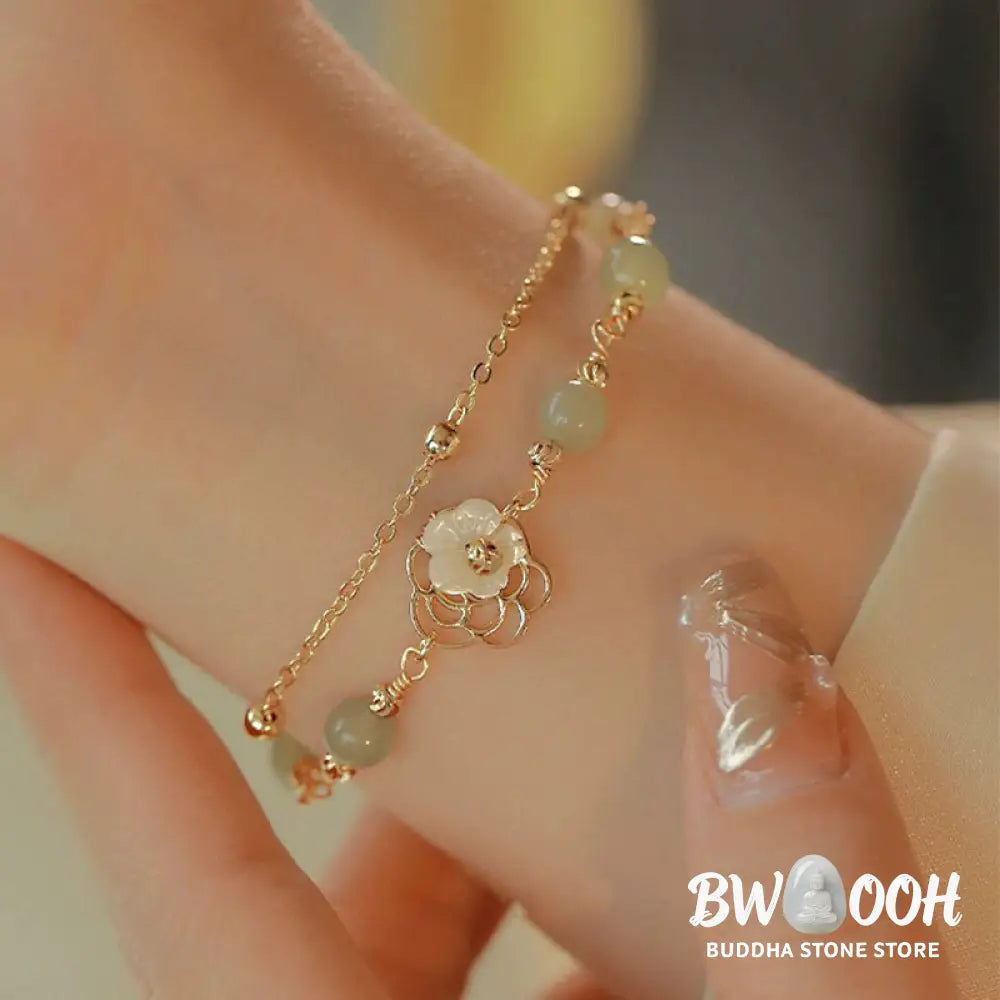 Buddha Stones 14K Gold Plated Jade Butterfly Tridacna Stone Flower Double Layer Luck Bracelet - BWOOOH - Bracelet