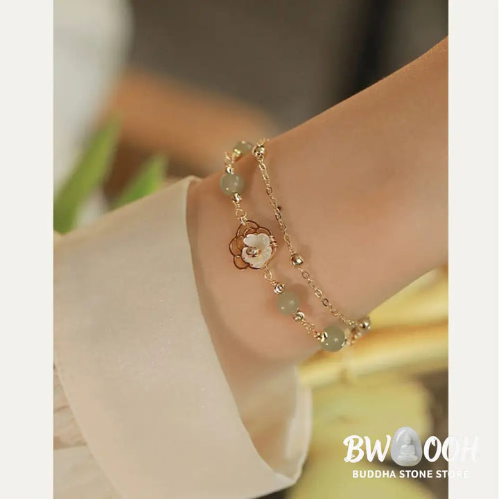 Buddha Stones 14K Gold Plated Jade Butterfly Tridacna Stone Flower Double Layer Luck Bracelet - BWOOOH - Bracelet