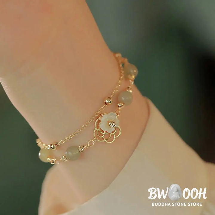 Buddha Stones 14K Gold Plated Jade Butterfly Tridacna Stone Flower Double Layer Luck Bracelet - BWOOOH - Bracelet