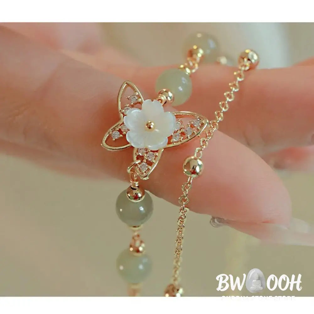 Buddha Stones 14K Gold Plated Jade Butterfly Tridacna Stone Flower Double Layer Luck Bracelet - BWOOOH - Bracelet