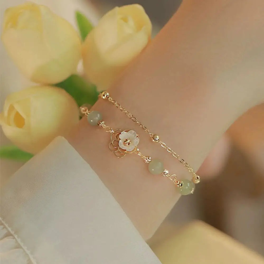 Buddha Stones 14K Gold Plated Jade Butterfly Tridacna Stone Flower Double Layer Luck Bracelet - BWOOOH - Rose Flower