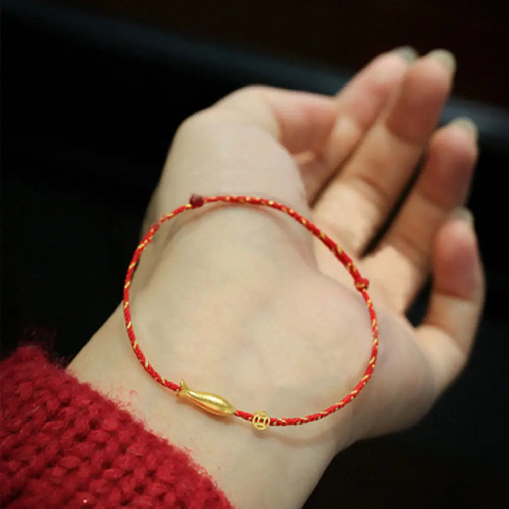Buddha Stones 14K Gold Plated Koi Fish Luck Wealth Braided Bracelet - BWOOOH - Small Koi Fish 12*3.6mm(Pull