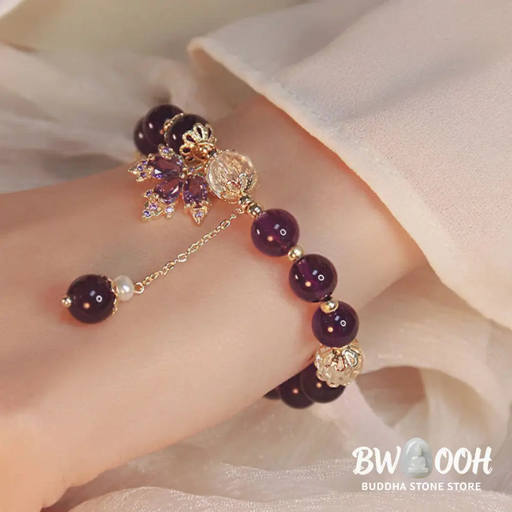 Buddha Stones 14k Gold Plated Natural Amethyst Healing Maple Leaf Charm Bracelet - BWOOOH - Amethyst(Inner
