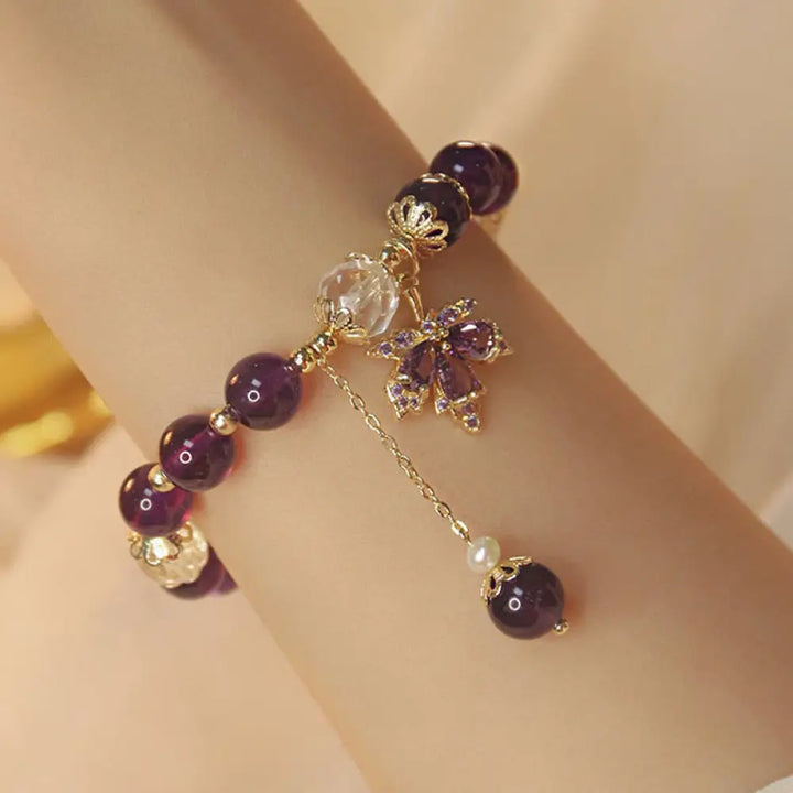 BWOOOH 14k gold plated natural amethyst healing maple leaf charm bracelet