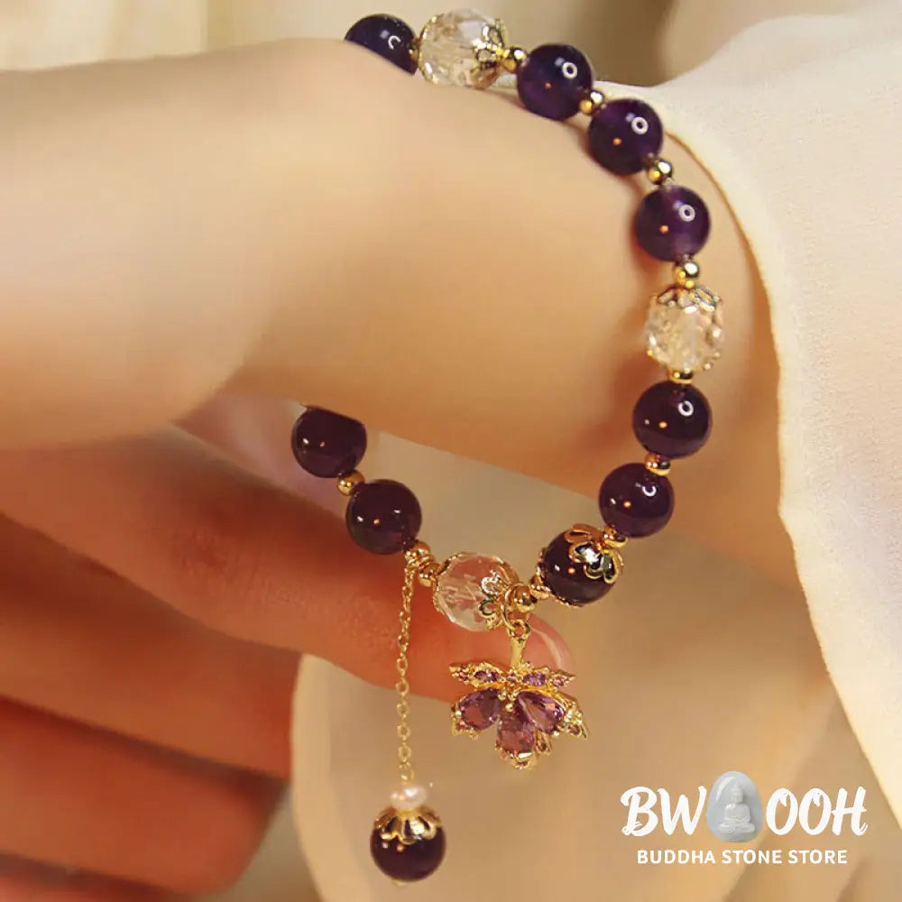 Buddha Stones 14k Gold Plated Natural Amethyst Healing Maple Leaf Charm Bracelet - BWOOOH - Amethyst(Inner