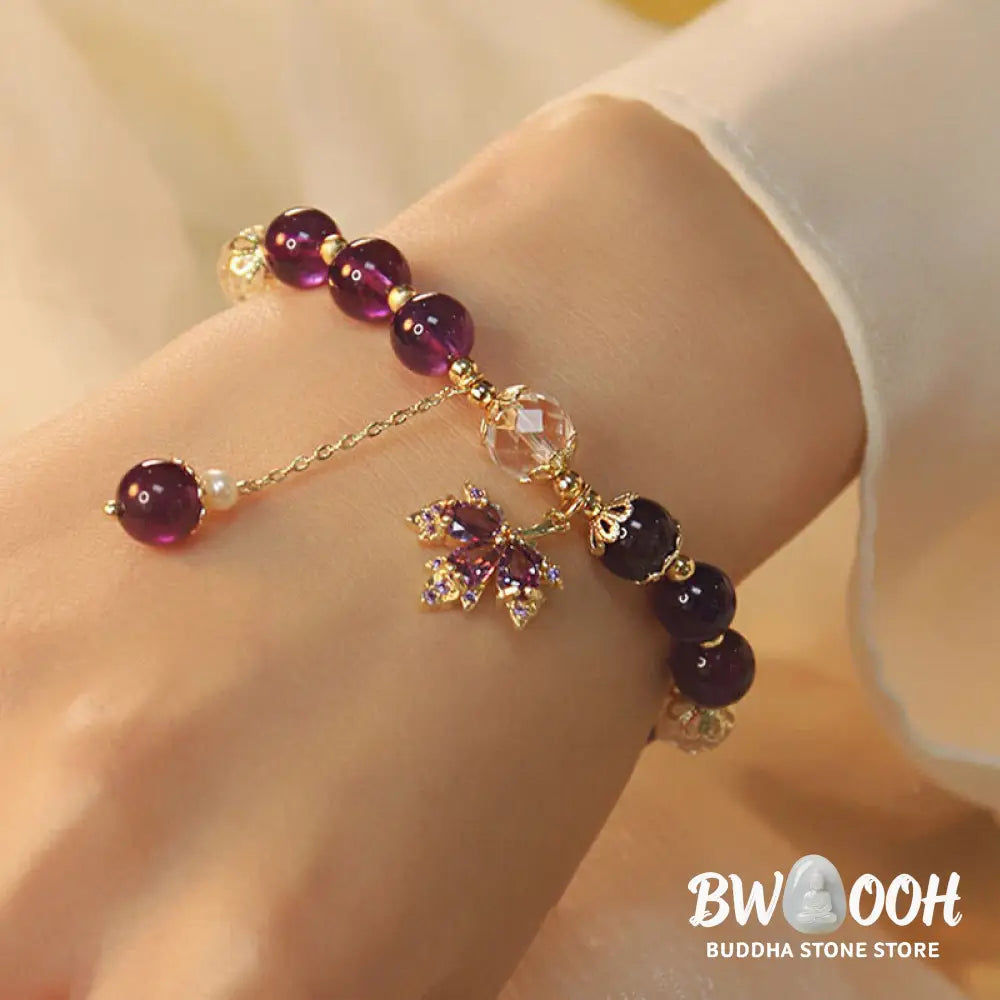 Buddha Stones 14k Gold Plated Natural Amethyst Healing Maple Leaf Charm Bracelet - BWOOOH - Amethyst(Inner