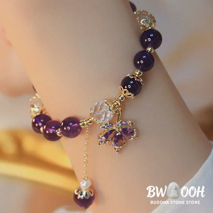 Buddha Stones 14k Gold Plated Natural Amethyst Healing Maple Leaf Charm Bracelet - BWOOOH - Amethyst(Inner
