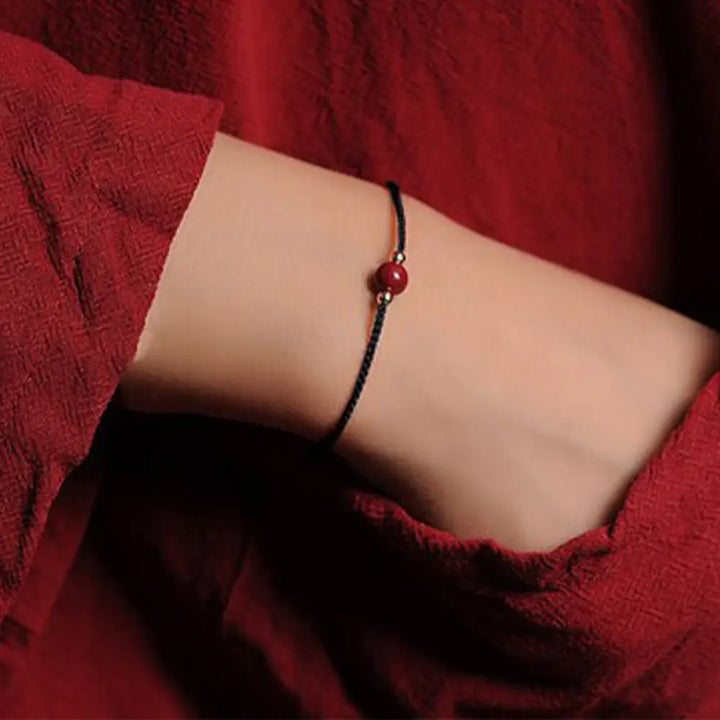 Buddha Stones 14K Gold Plated Natural Cinnabar Blessing String Braided Bracelet - BWOOOH - Black(Wrist Circumference