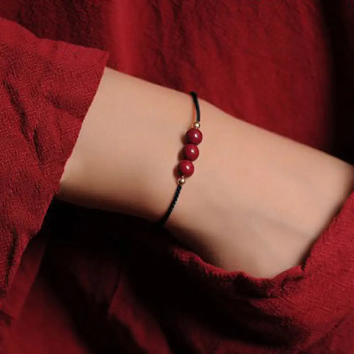 Buddha Stones 14K Gold Plated Natural Cinnabar Blessing String Braided Bracelet - BWOOOH - Black(Wrist Circumference