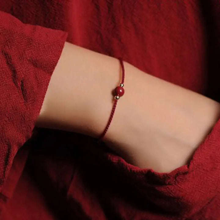 Buddha Stones 14K Gold Plated Natural Cinnabar Blessing String Braided Bracelet - BWOOOH - Dark Red(Wrist Circumference
