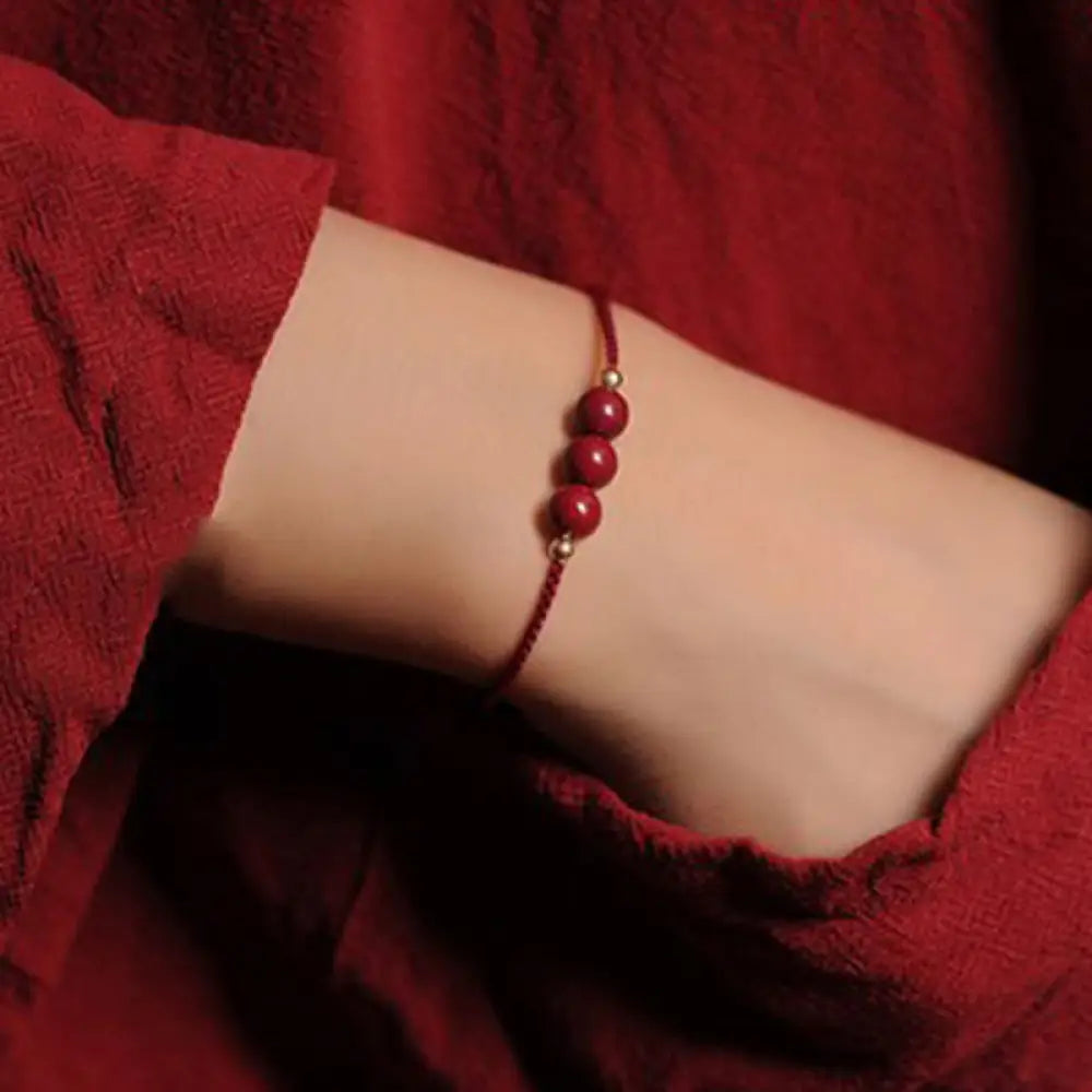 Buddha Stones 14K Gold Plated Natural Cinnabar Blessing String Braided Bracelet - BWOOOH - Dark Red(Wrist Circumference