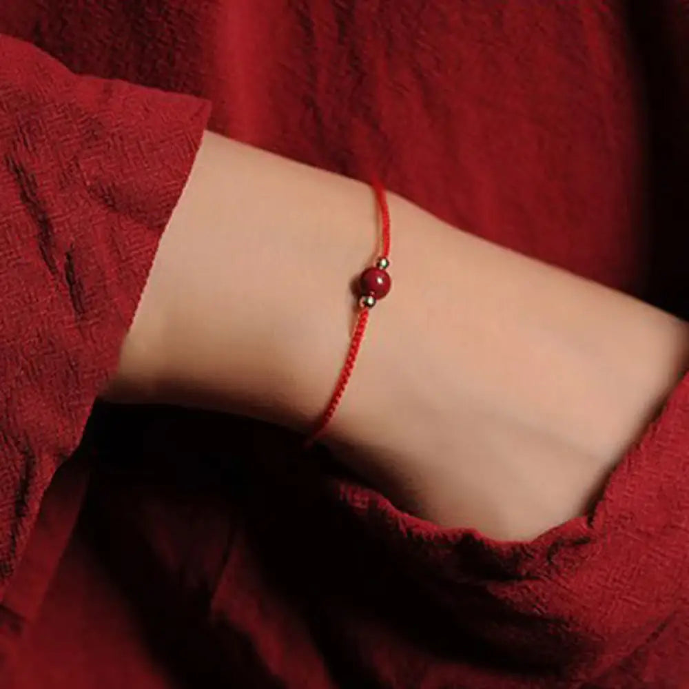 Buddha Stones 14K Gold Plated Natural Cinnabar Blessing String Braided Bracelet - BWOOOH - Red(Wrist Circumference