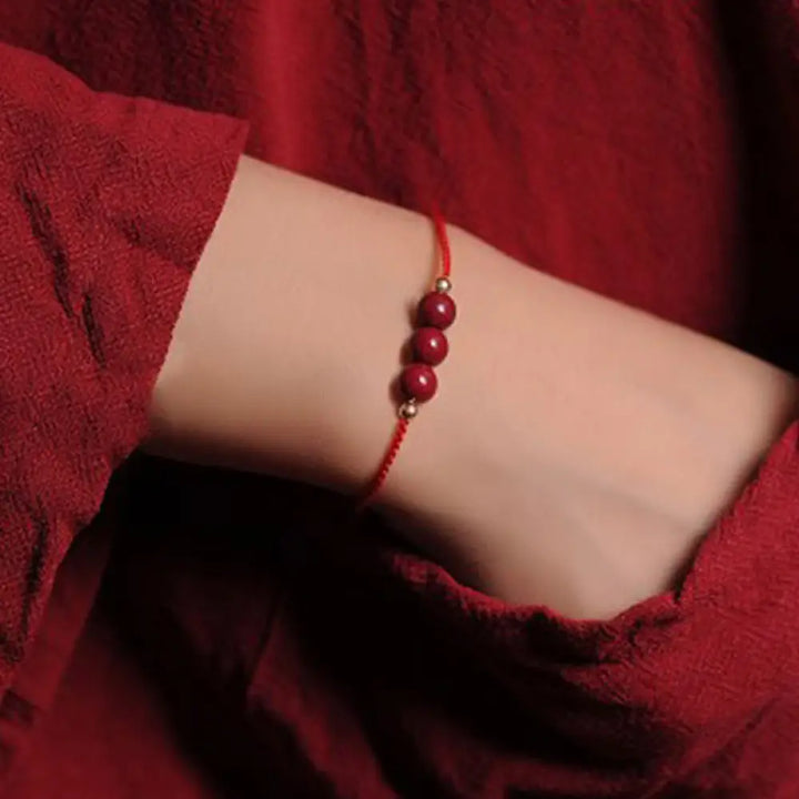 Buddha Stones 14K Gold Plated Natural Cinnabar Blessing String Braided Bracelet - BWOOOH - Red(Wrist Circumference