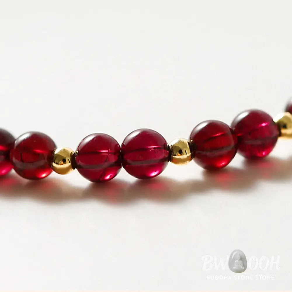 Buddha Stones 14K Gold Plated Natural Garnet Cinnabar Flower Calm Bracelet - BWOOOH - Garnet(Ultra-thin Beads)(Wrist