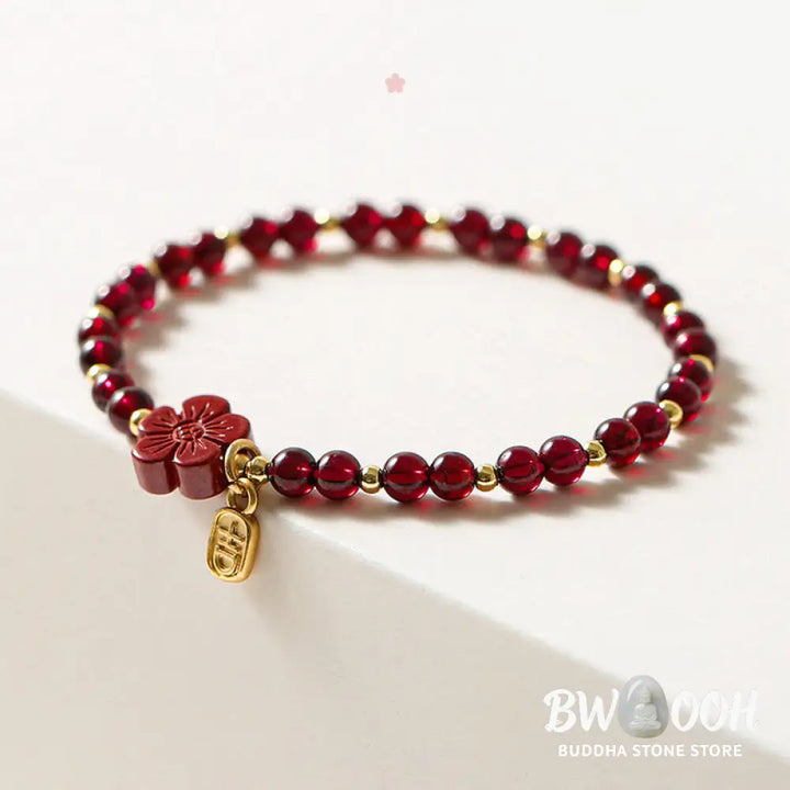 Buddha Stones 14K Gold Plated Natural Garnet Cinnabar Flower Calm Bracelet - BWOOOH - Garnet(Ultra-thin Beads)(Wrist