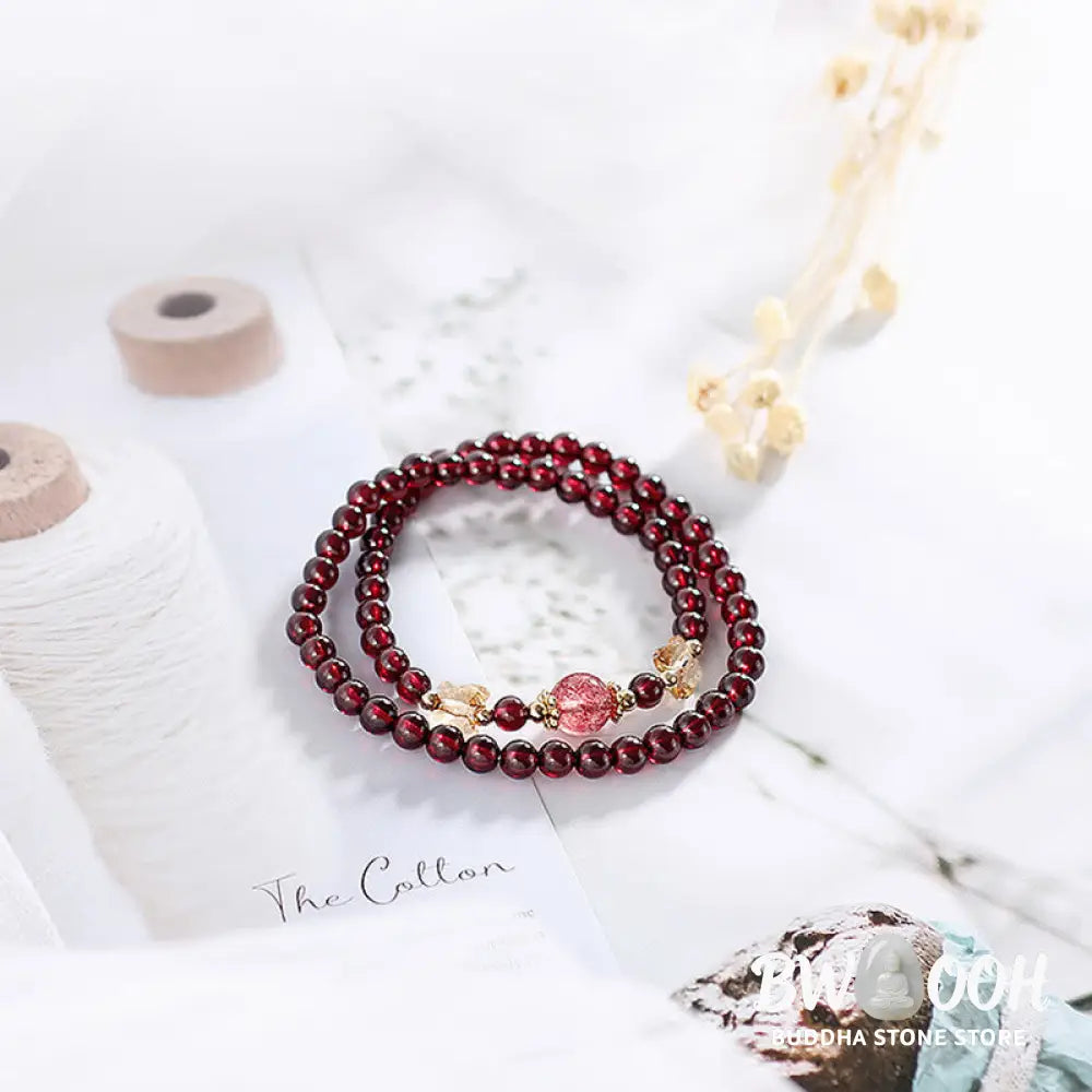 Buddha Stones 14K Gold Plated Natural Garnet Strawberry Quartz Butterfly Protection Double Wrap Bracelet - BWOOOH