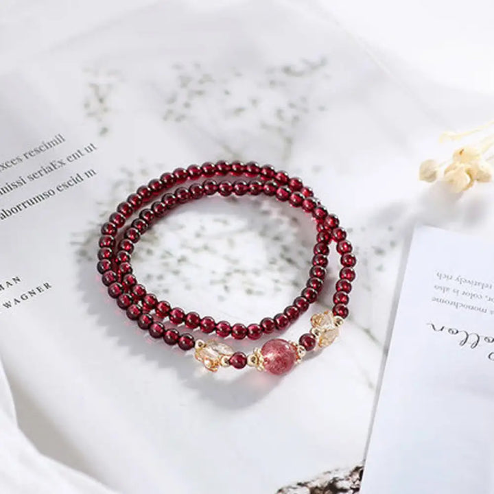BWOOOH 14K Gold Plated Natural Garnet Strawberry Quartz Butterfly Protection Double Wrap Bracelet - BWOOOH