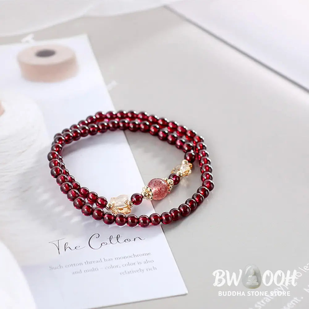 Buddha Stones 14K Gold Plated Natural Garnet Strawberry Quartz Butterfly Protection Double Wrap Bracelet - BWOOOH