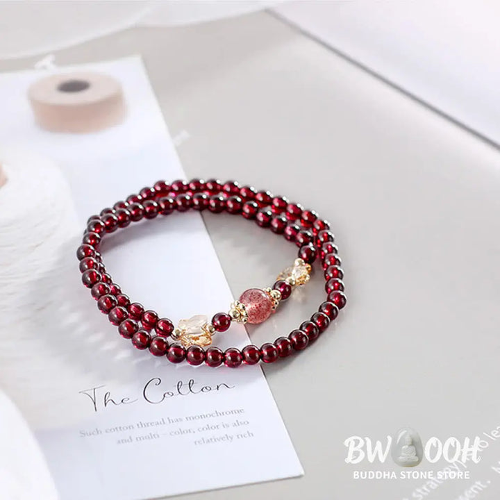 Buddha Stones 14K Gold Plated Natural Garnet Strawberry Quartz Butterfly Protection Double Wrap Bracelet - BWOOOH