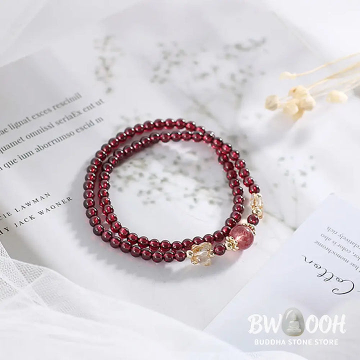 Buddha Stones 14K Gold Plated Natural Garnet Strawberry Quartz Butterfly Protection Double Wrap Bracelet - BWOOOH
