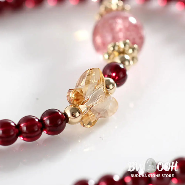 Buddha Stones 14K Gold Plated Natural Garnet Strawberry Quartz Butterfly Protection Double Wrap Bracelet - BWOOOH
