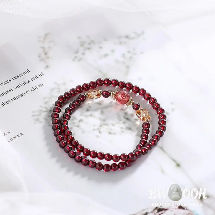 Buddha Stones 14K Gold Plated Natural Garnet Strawberry Quartz Butterfly Protection Double Wrap Bracelet - BWOOOH