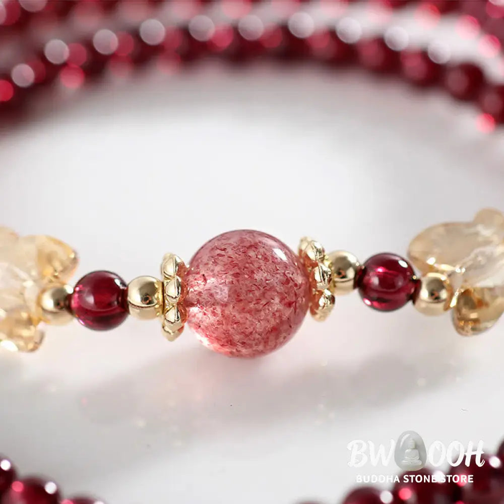 Buddha Stones 14K Gold Plated Natural Garnet Strawberry Quartz Butterfly Protection Double Wrap Bracelet - BWOOOH