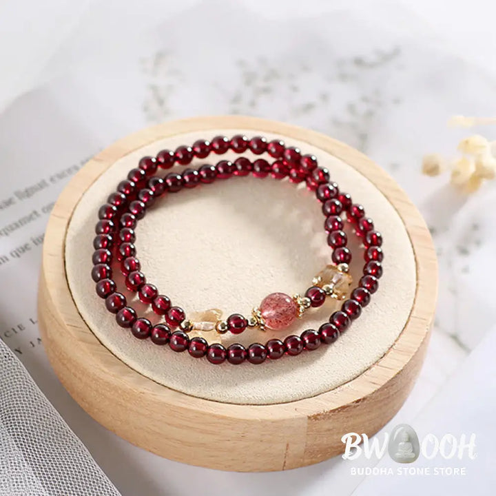 Buddha Stones 14K Gold Plated Natural Garnet Strawberry Quartz Butterfly Protection Double Wrap Bracelet - BWOOOH