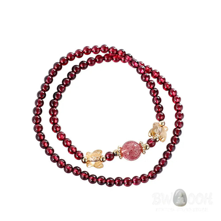 Buddha Stones 14K Gold Plated Natural Garnet Strawberry Quartz Butterfly Protection Double Wrap Bracelet - BWOOOH