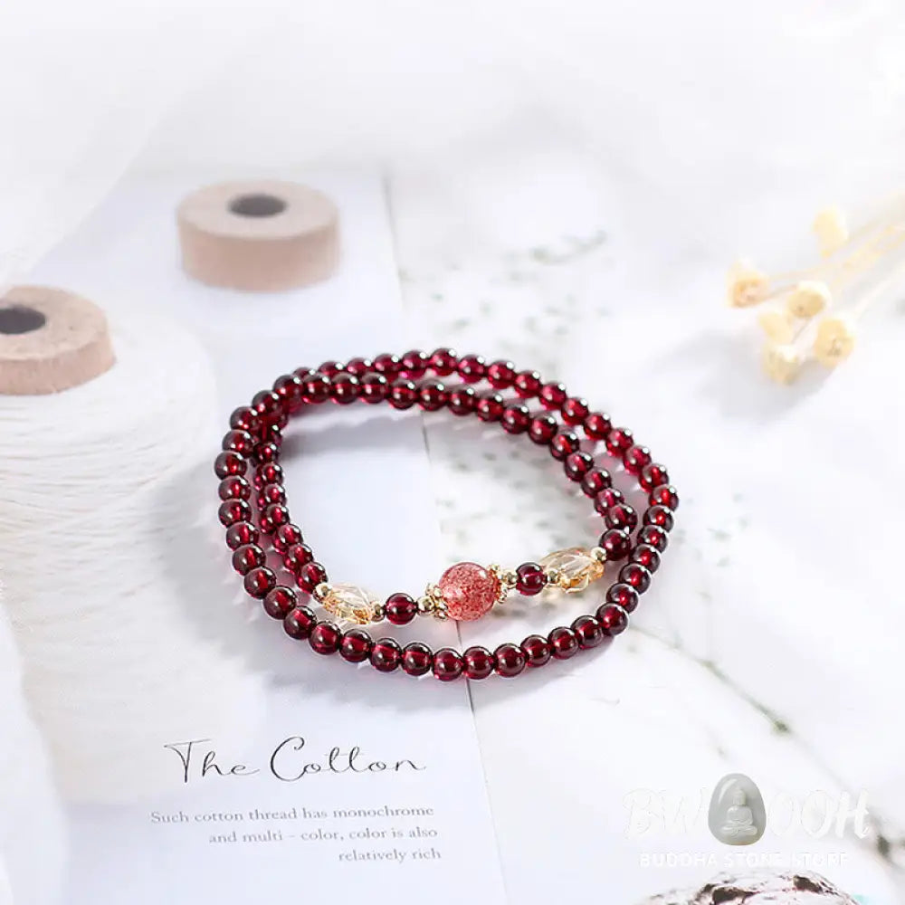 Buddha Stones 14K Gold Plated Natural Garnet Strawberry Quartz Butterfly Protection Double Wrap Bracelet - BWOOOH