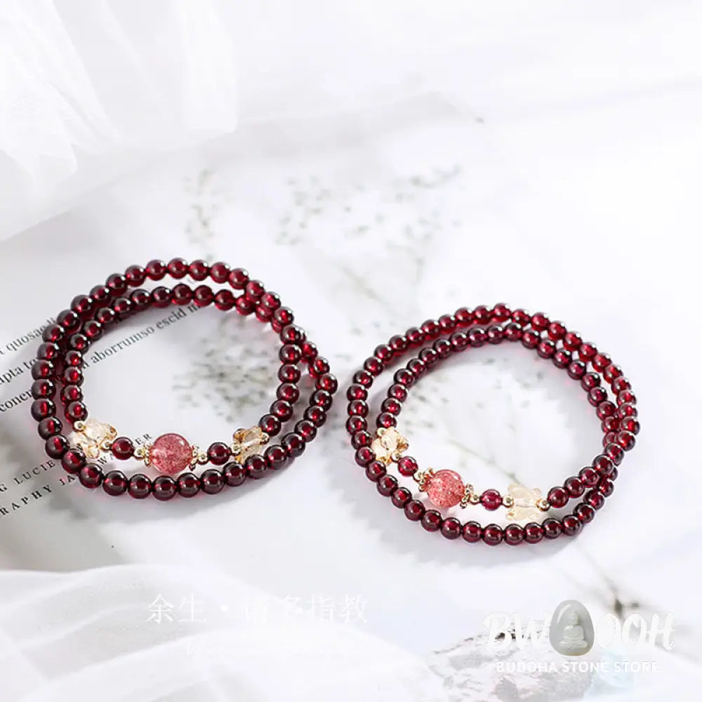 Buddha Stones 14K Gold Plated Natural Garnet Strawberry Quartz Butterfly Protection Double Wrap Bracelet - BWOOOH