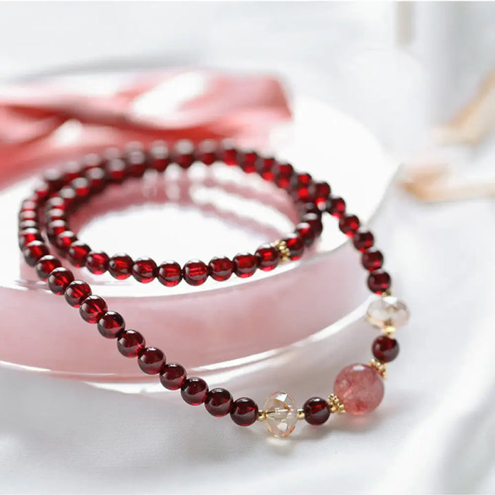 BWOOOH 14K Gold Plated Natural Garnet Strawberry Quartz Stability Double Wrap Bracelet - BWOOOH