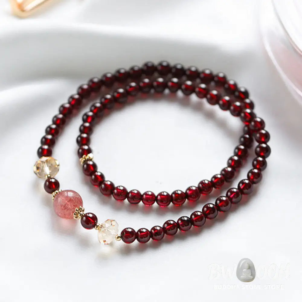 Buddha Stones 14K Gold Plated Natural Garnet Strawberry Quartz Stability Double Wrap Bracelet - BWOOOH