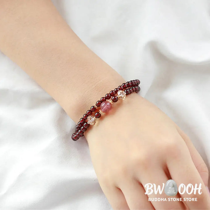 Buddha Stones 14K Gold Plated Natural Garnet Strawberry Quartz Stability Double Wrap Bracelet - BWOOOH