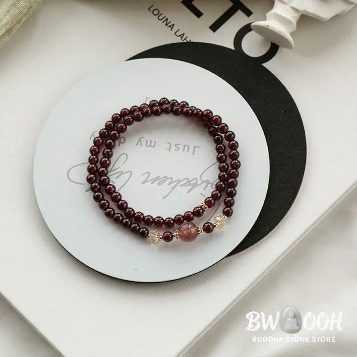 Buddha Stones 14K Gold Plated Natural Garnet Strawberry Quartz Stability Double Wrap Bracelet - BWOOOH