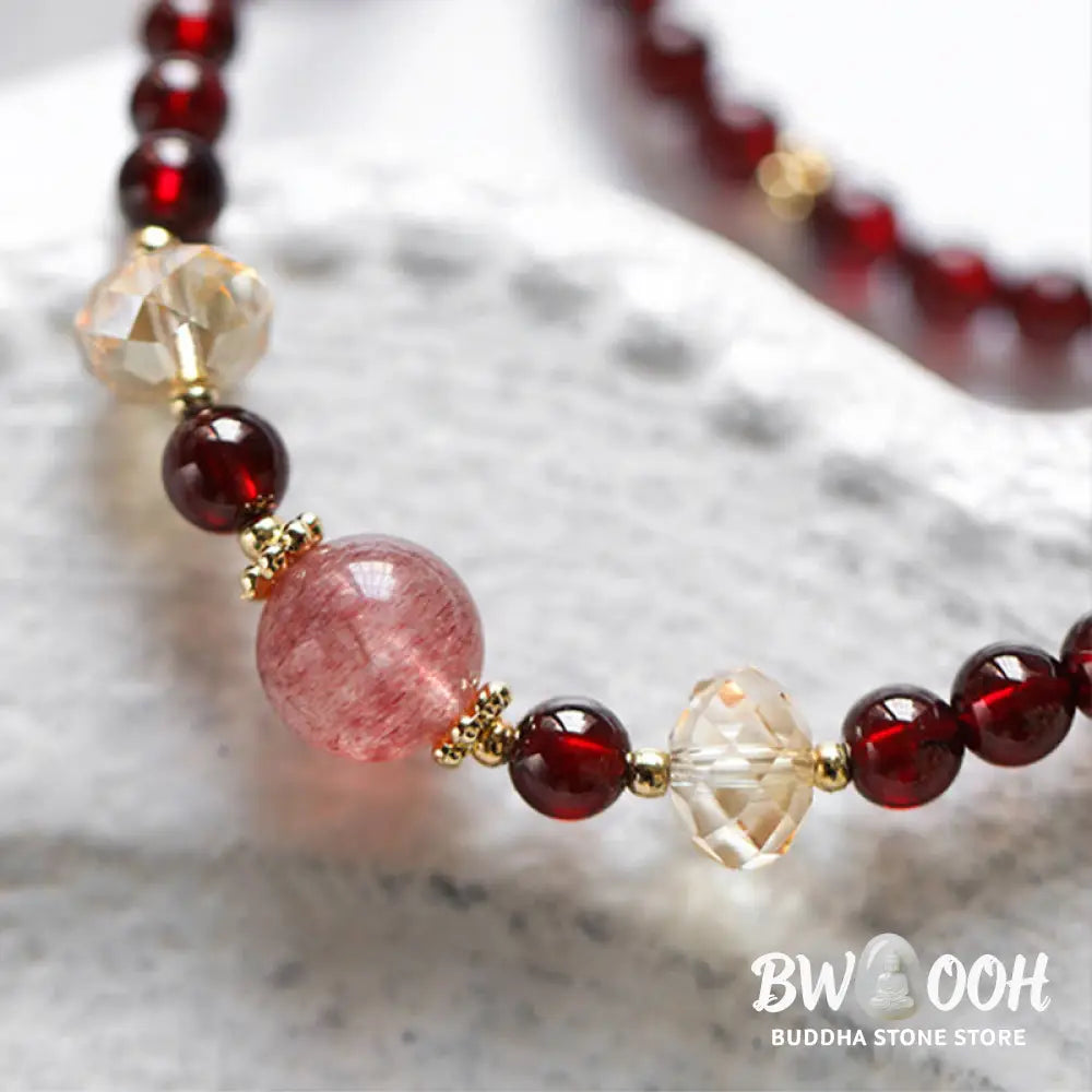 Buddha Stones 14K Gold Plated Natural Garnet Strawberry Quartz Stability Double Wrap Bracelet - BWOOOH