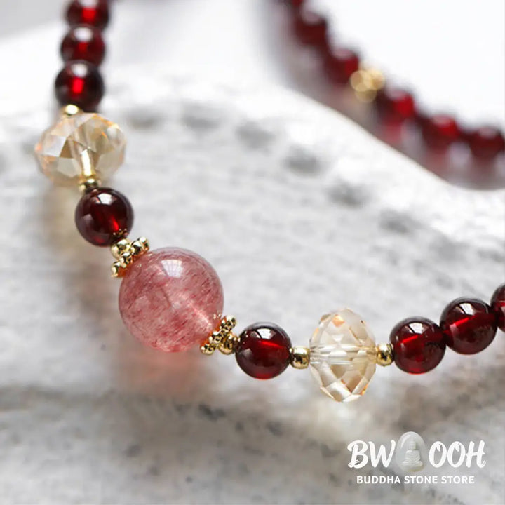 Buddha Stones 14K Gold Plated Natural Garnet Strawberry Quartz Stability Double Wrap Bracelet - BWOOOH